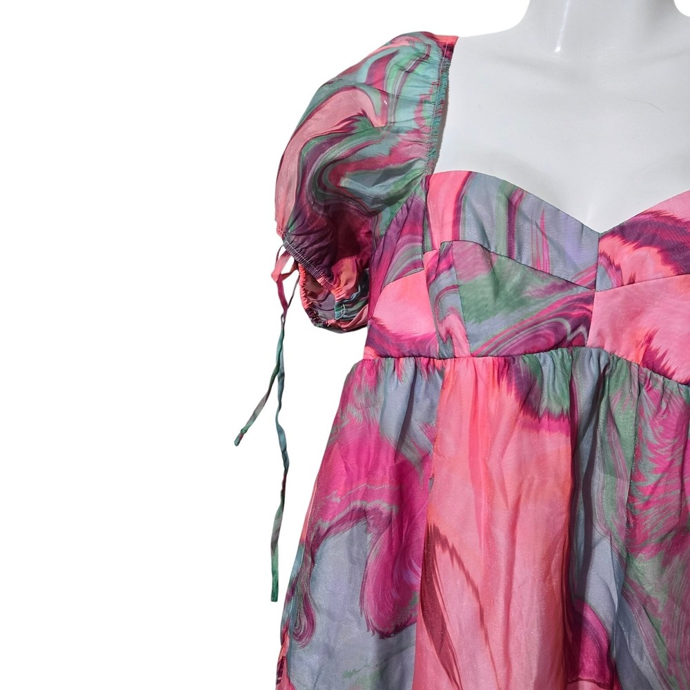 Amanda Richardson Pink Floral Babydoll Dress L Puff Sleeve Tie Front CottageCore - Picture 7 of 13